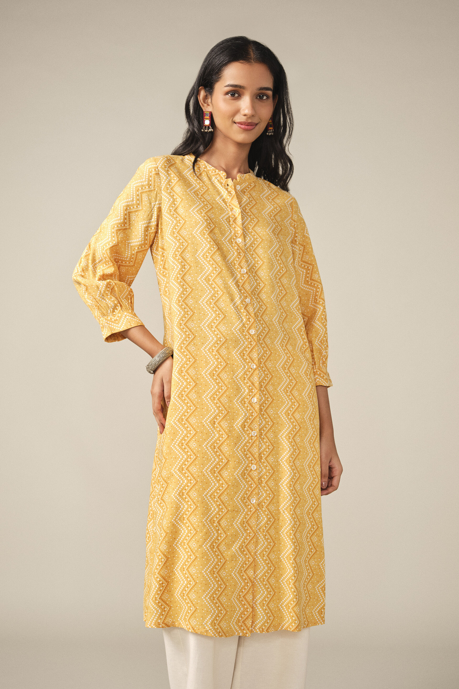 Printed Kurta in Yellow, Yellow, image 2